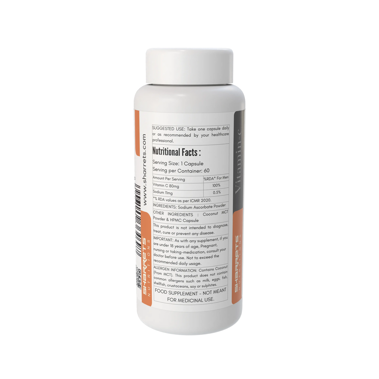 Supplement bottle with nutritional facts label on a white background