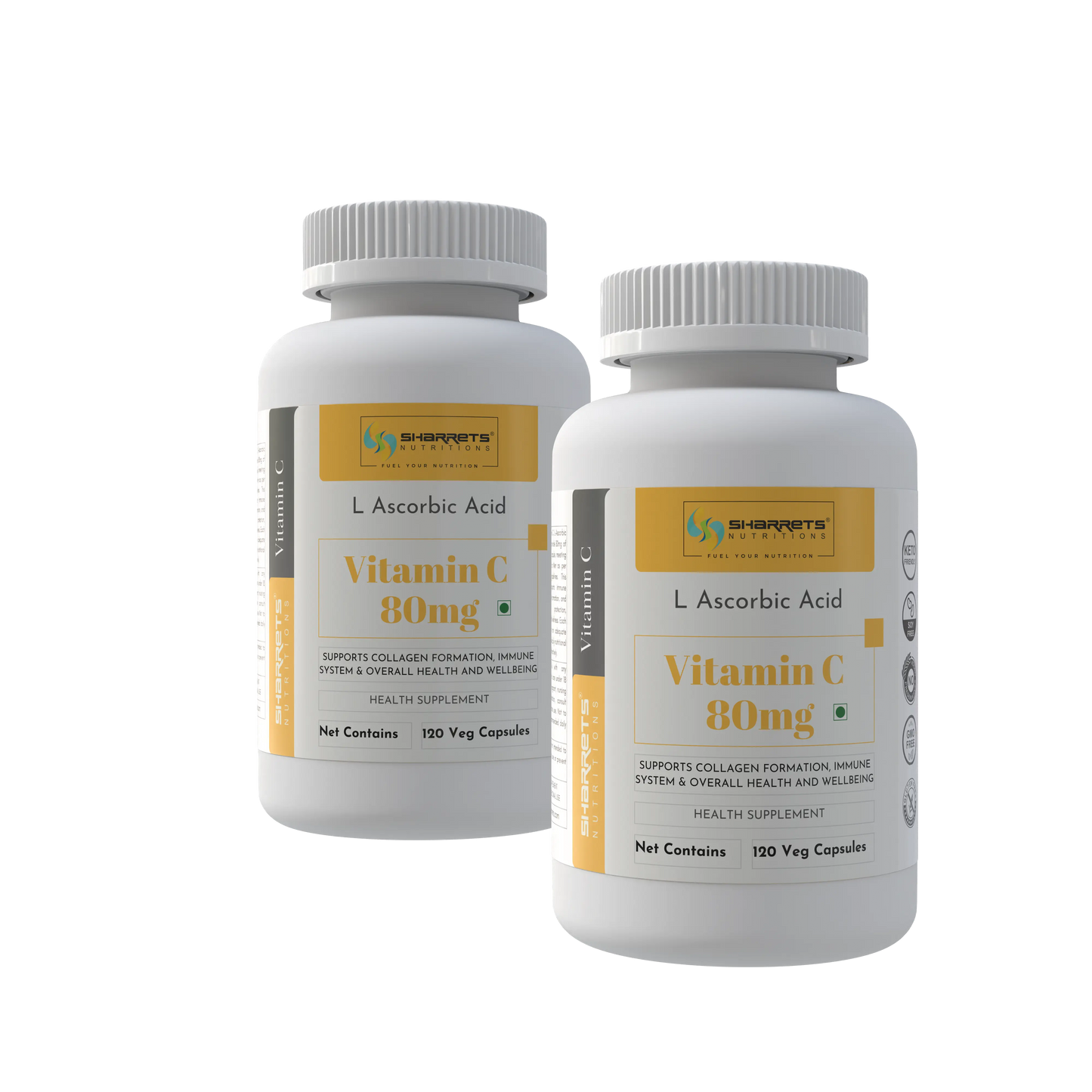 Two bottles of Vitamin C supplement with visible branding on a white background