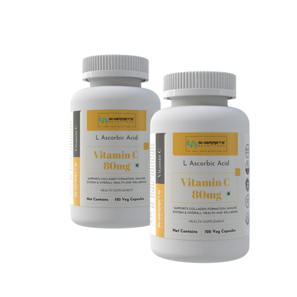 Two bottles of Vitamin C supplement with visible branding on a white background