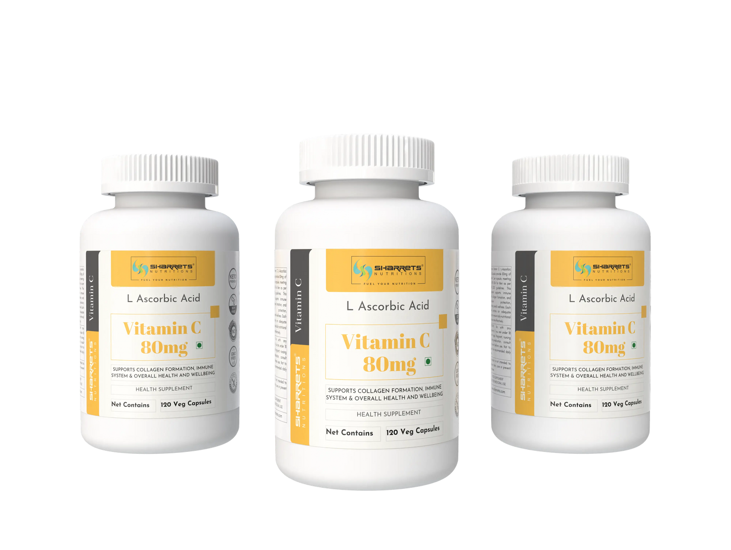 Three bottles of sharrets Vitamin C 80mg capsules on a white background