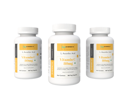 Three bottles of sharrets Vitamin C 80mg capsules on a white background
