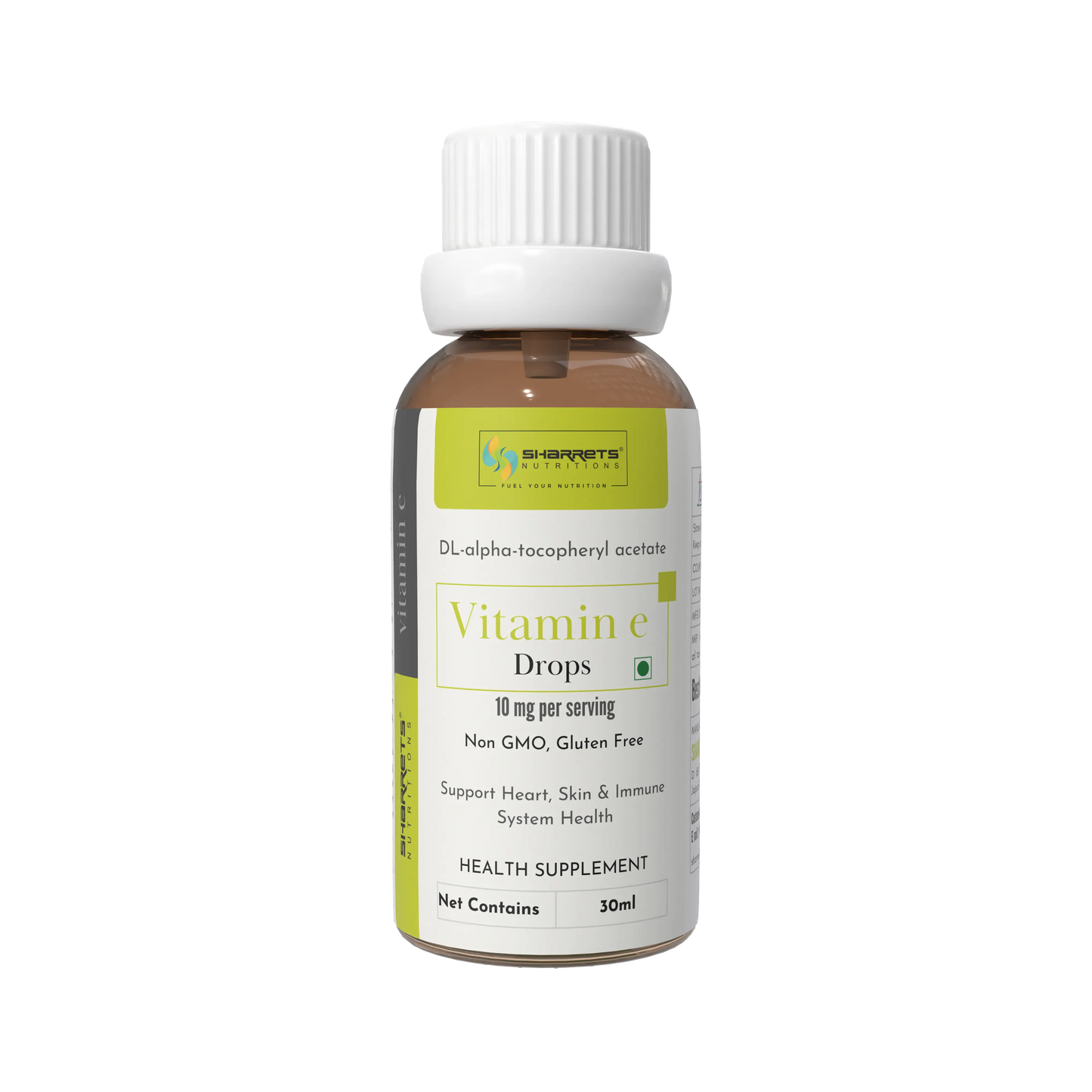 Sharrets Vitamin E drops bottle with a white cap on a white background