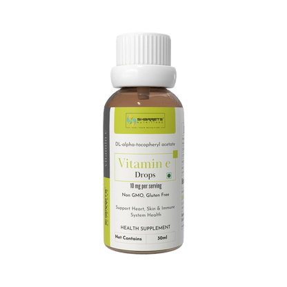 Sharrets Vitamin E drops bottle with a white cap on a white background