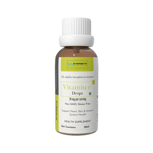 Sharrets Vitamin E drops bottle with a white cap on a white background