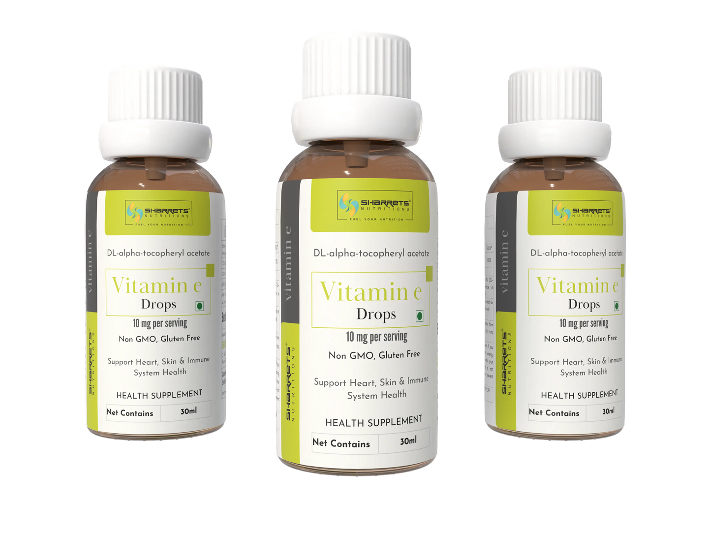 Three bottles of SHARRETS vitamin drops on a white background