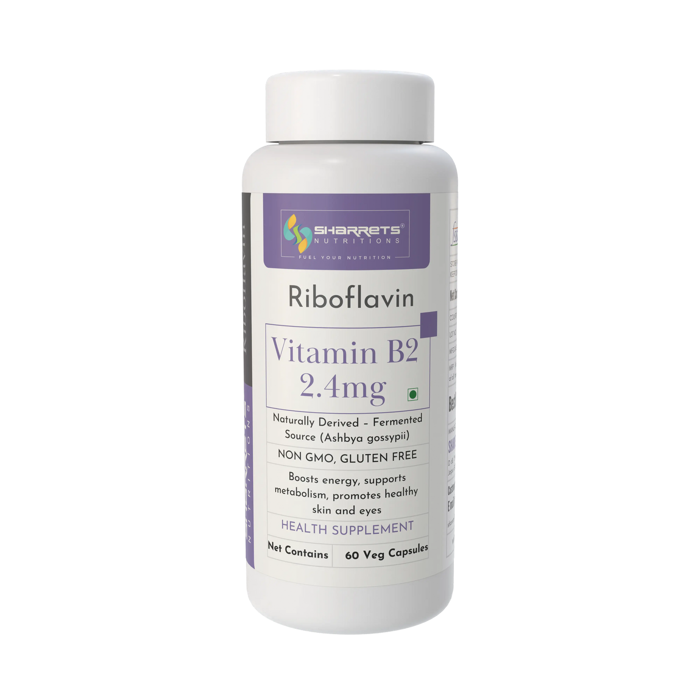 Vitamin B2 supplement bottle with Sharrets Nutritions label on a white background