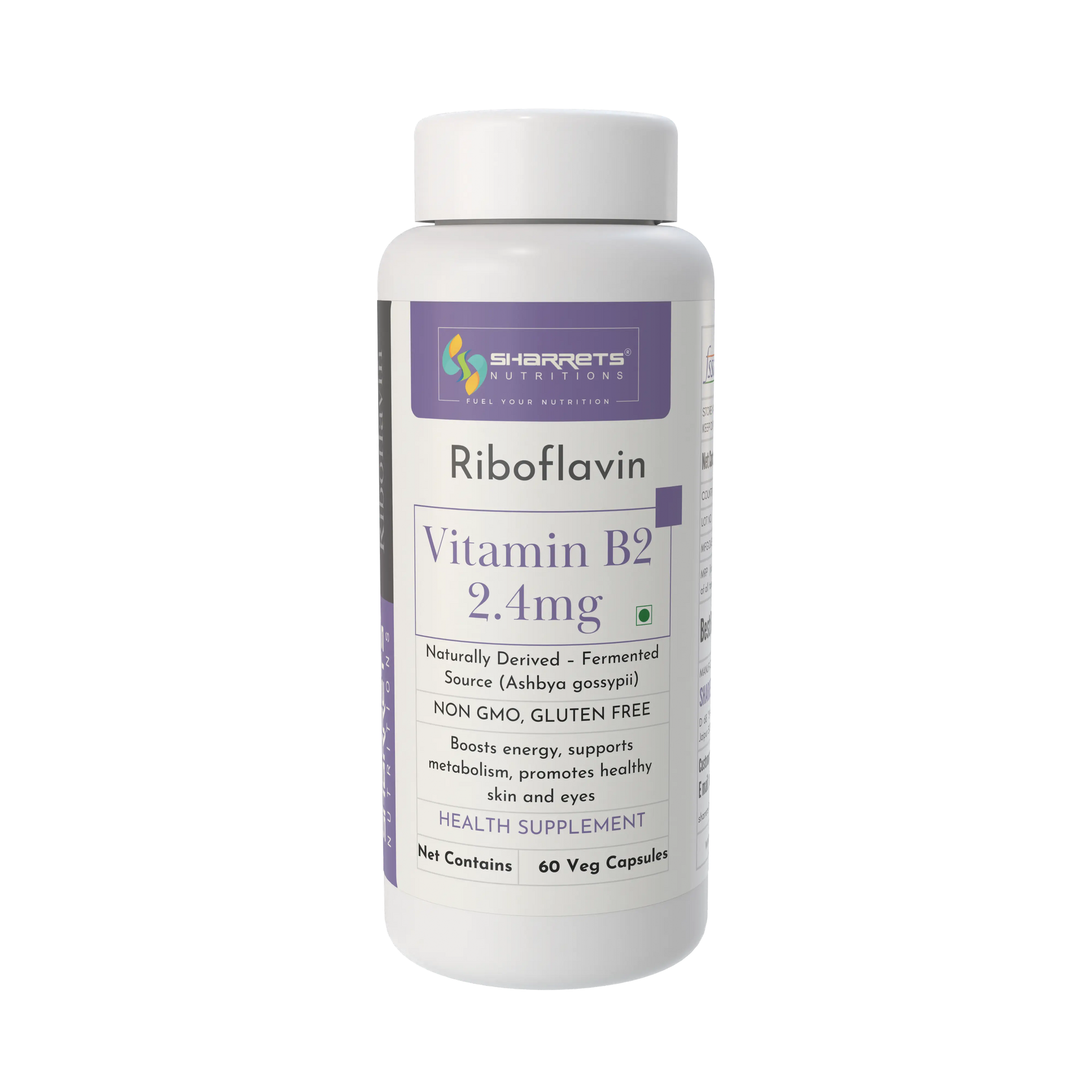 Vitamin B2 supplement bottle with Sharrets Nutritions label on a white background