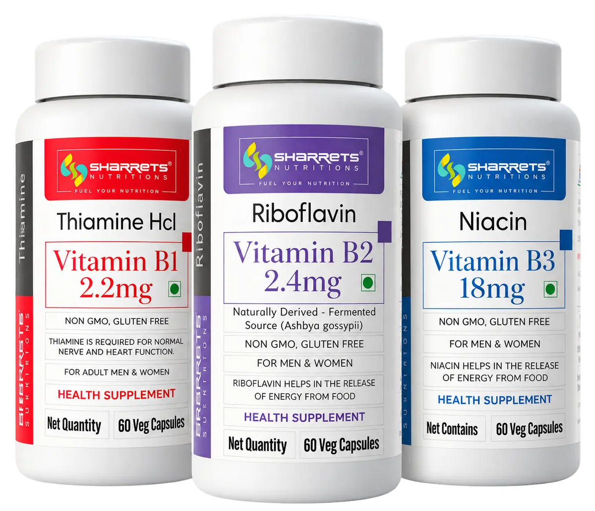 Sharrets Nutritions Vitamin B1, B2 and B3 combo pack featuring three supplement bottles—Thiamine HCl Vitamin B1 2.2 mg, Riboflavin Vitamin B2 2.4 mg and Niacin Vitamin B3 18 mg—displayed together on a transparent background.