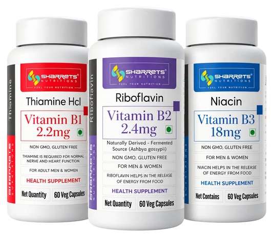 Sharrets Nutritions Vitamin B1, B2 and B3 combo pack featuring three supplement bottles—Thiamine HCl Vitamin B1 2.2 mg, Riboflavin Vitamin B2 2.4 mg and Niacin Vitamin B3 18 mg—displayed together on a transparent background.