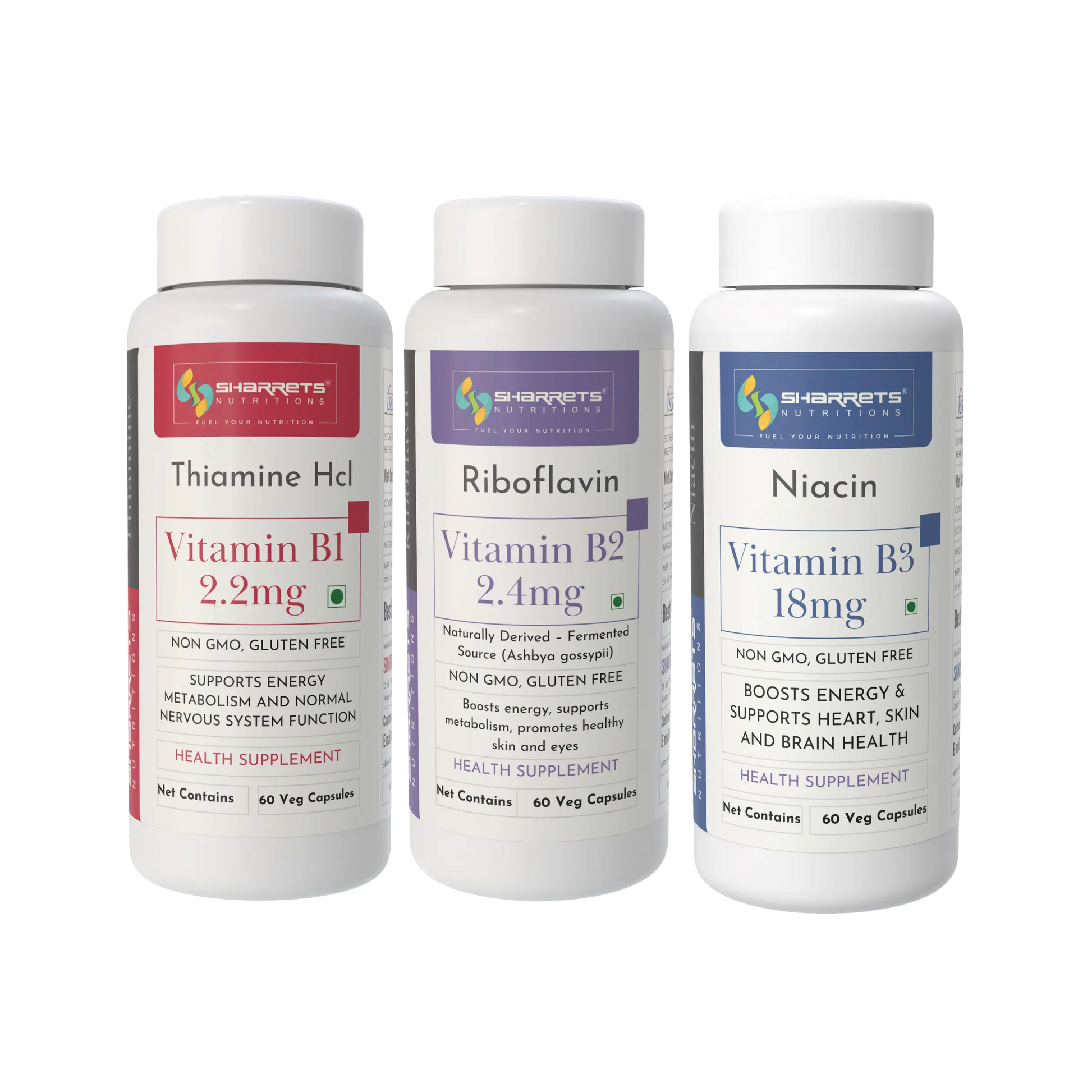 Three Sharrets Nutritions supplement bottles on a white background - Vitamin B1, B2 & B3 Capsules
