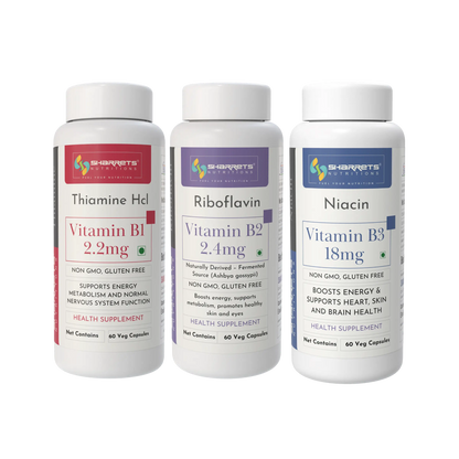 Three Sharrets Nutritions supplement bottles on a white background - Vitamin B1, B2 & B3 Capsules