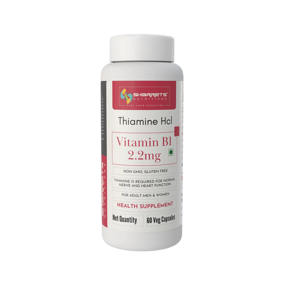 Sharrets Nutritions Thiamine HCl Vitamin B1 2.2 mg health supplement in a white bottle with 60 veg capsules.