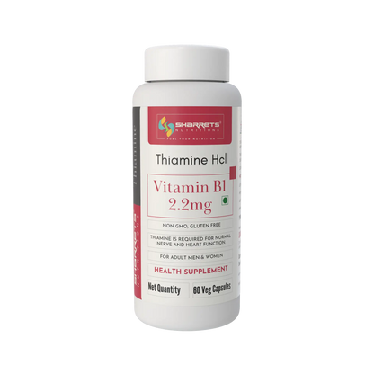 Sharrets Nutritions Thiamine HCl Vitamin B1 2.2 mg health supplement in a white bottle with 60 veg capsules.