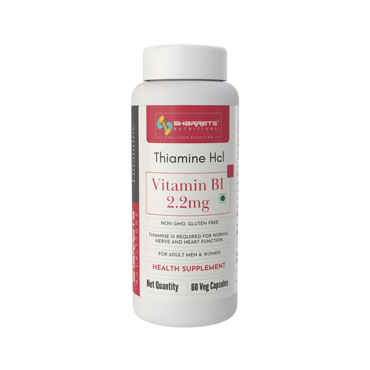Sharrets Nutritions Thiamine HCl Vitamin B1 2.2 mg health supplement in a white bottle with 60 veg capsules.
