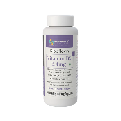 Sharrets Nutritions Riboflavin Vitamin B2 2.4 mg health supplement bottle, 60 veg capsules, front view.