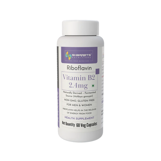Sharrets Nutritions Riboflavin Vitamin B2 2.4 mg health supplement bottle, 60 veg capsules, front view.
