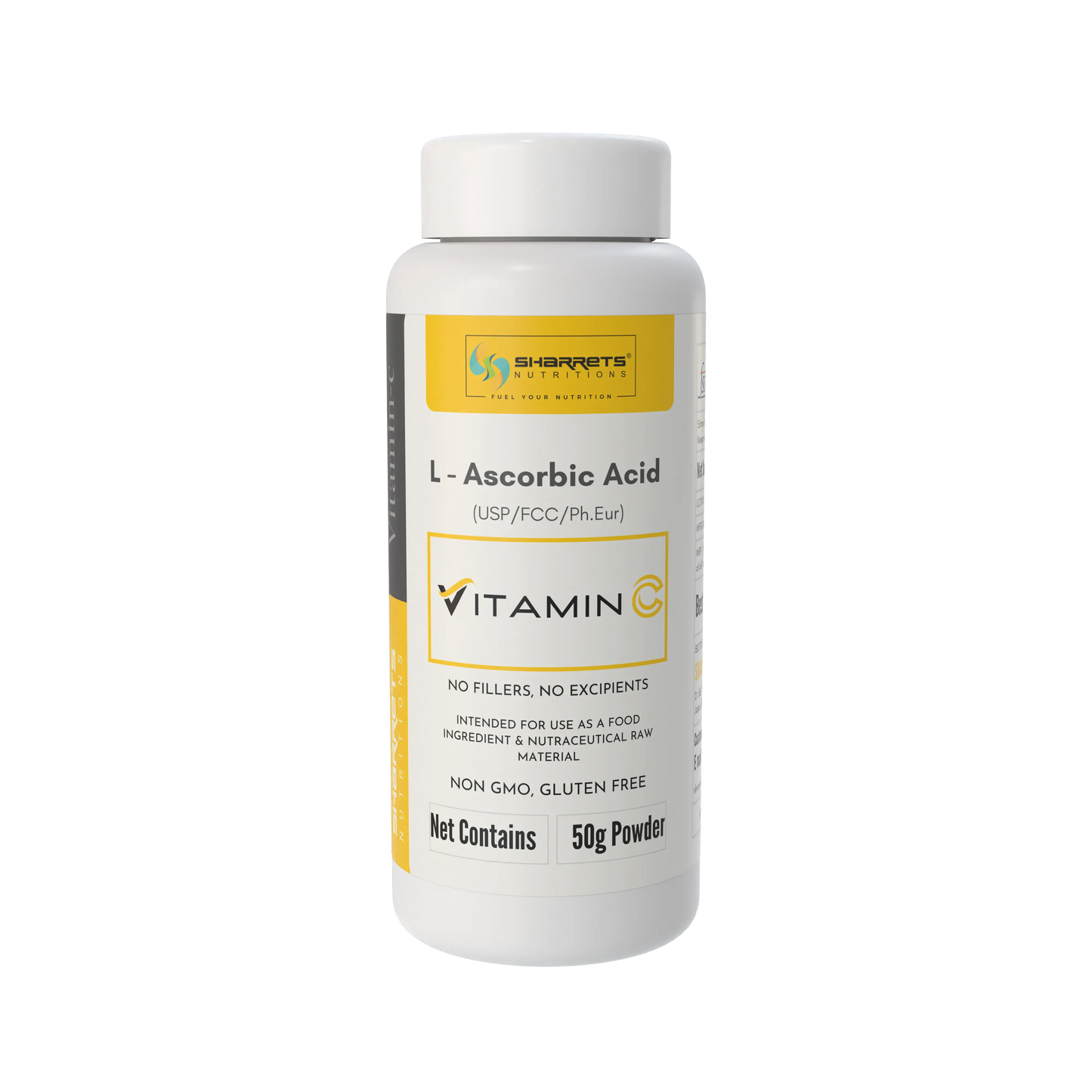 Vitamin C powder container 50g with Sharrets Nutritions branding on a white background