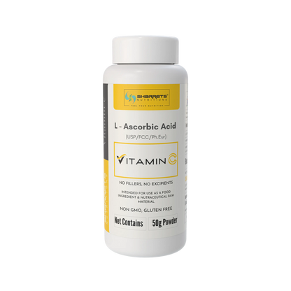 Vitamin C powder container 50g with Sharrets Nutritions branding on a white background