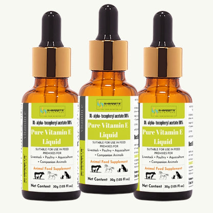 Three bottles of Sharrets Pure Vitamin E Liquid with dropper caps on a white background