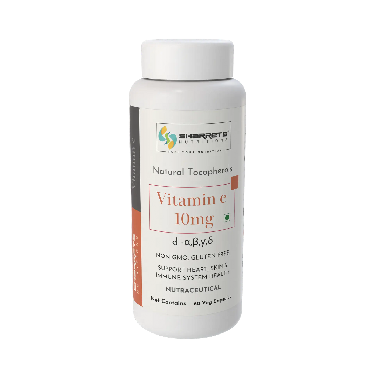 Vitamin E supplement bottle with Sharrets Nutritions label on a white background