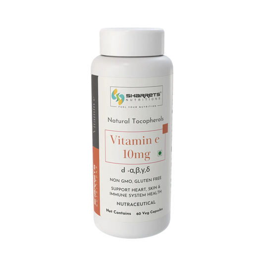 Vitamin E supplement bottle with Sharrets Nutritions label on a white background