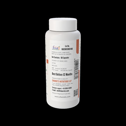 White supplement bottle with black text on a white background