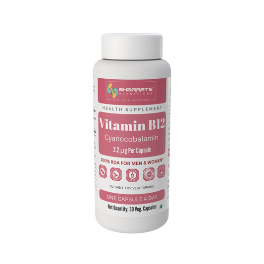 A white plastic bottle of Sharrets Nutritions Vitamin B12 Cyanocobalamin health supplement, featuring a white cap and a label with pink and white sections.