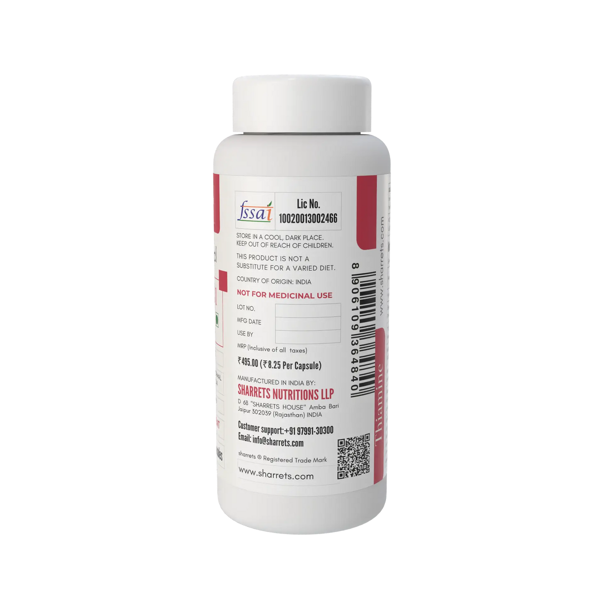 Back and side view of Sharrets Nutritions Thiamine HCl Vitamin B1 2.2 mg supplement bottle showing FSSAI licence details, storage instructions, manufacturer information and product details.
