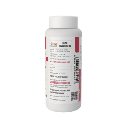 Back and side view of Sharrets Nutritions Thiamine HCl Vitamin B1 2.2 mg supplement bottle showing FSSAI licence details, storage instructions, manufacturer information and product details.