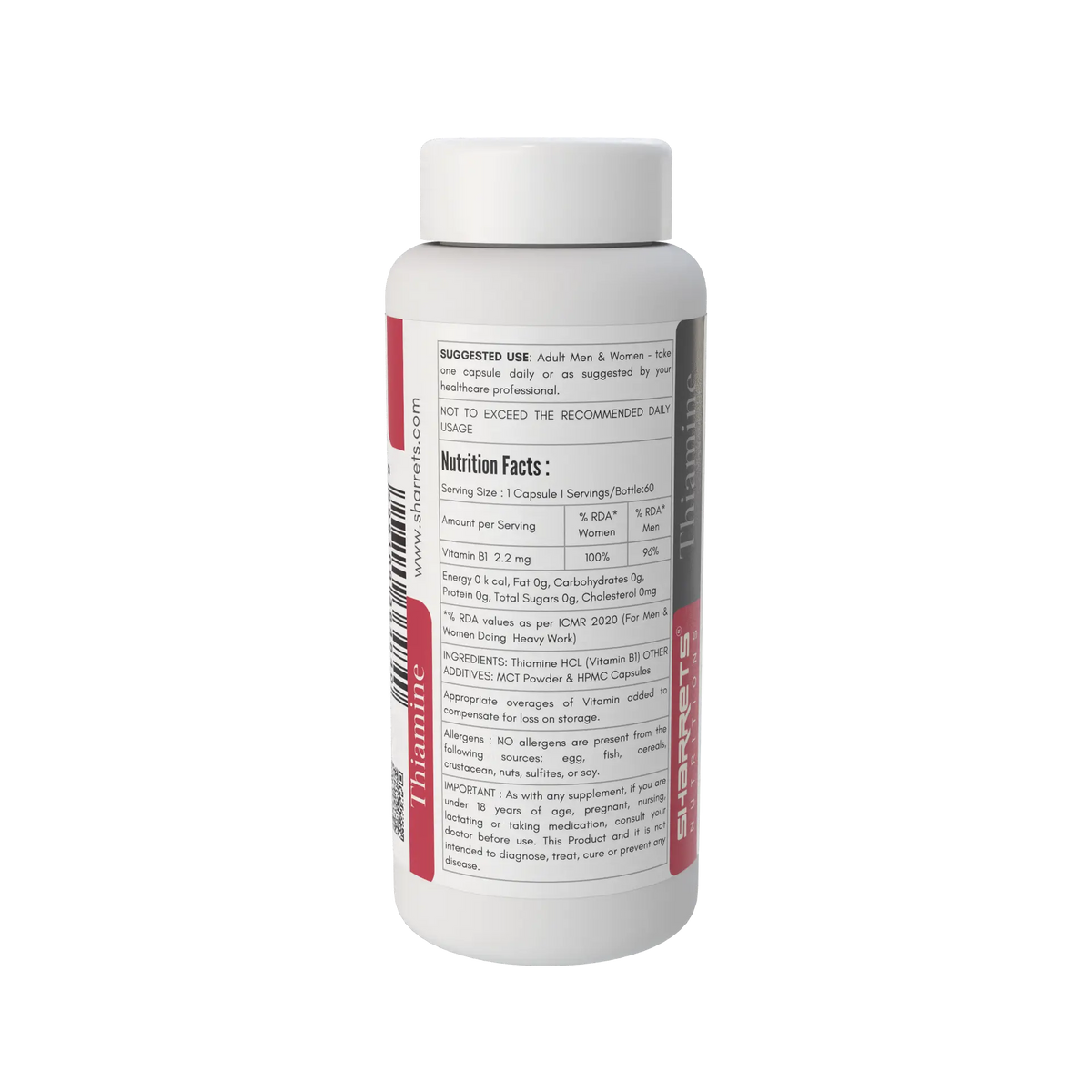 Side view of Sharrets Nutritions Vitamin B1 2.2 mg bottle showing suggested use, nutrition facts, ingredients, additives, allergen information and usage warning.
