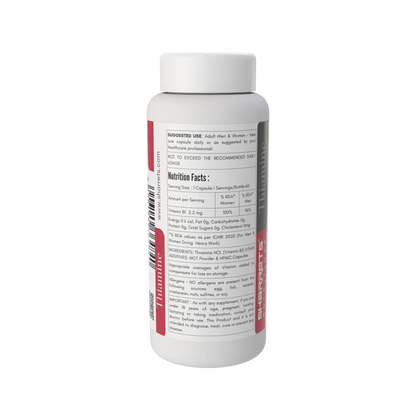Side view of Sharrets Nutritions Vitamin B1 2.2 mg bottle showing suggested use, nutrition facts, ingredients, additives, allergen information and usage warning.