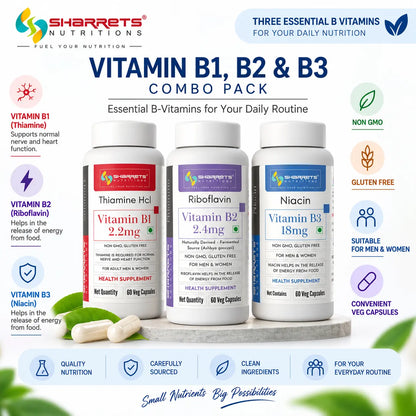 Sharrets Nutritions Vitamin B1, B2, and B3 Combo Pack of three supplement bottles on a white background with feature icons and text.