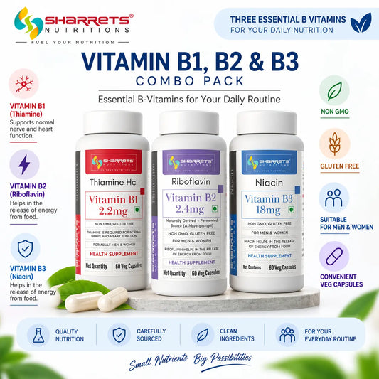 Sharrets Nutritions Vitamin B1, B2, and B3 Combo Pack of three supplement bottles on a white background with feature icons and text.