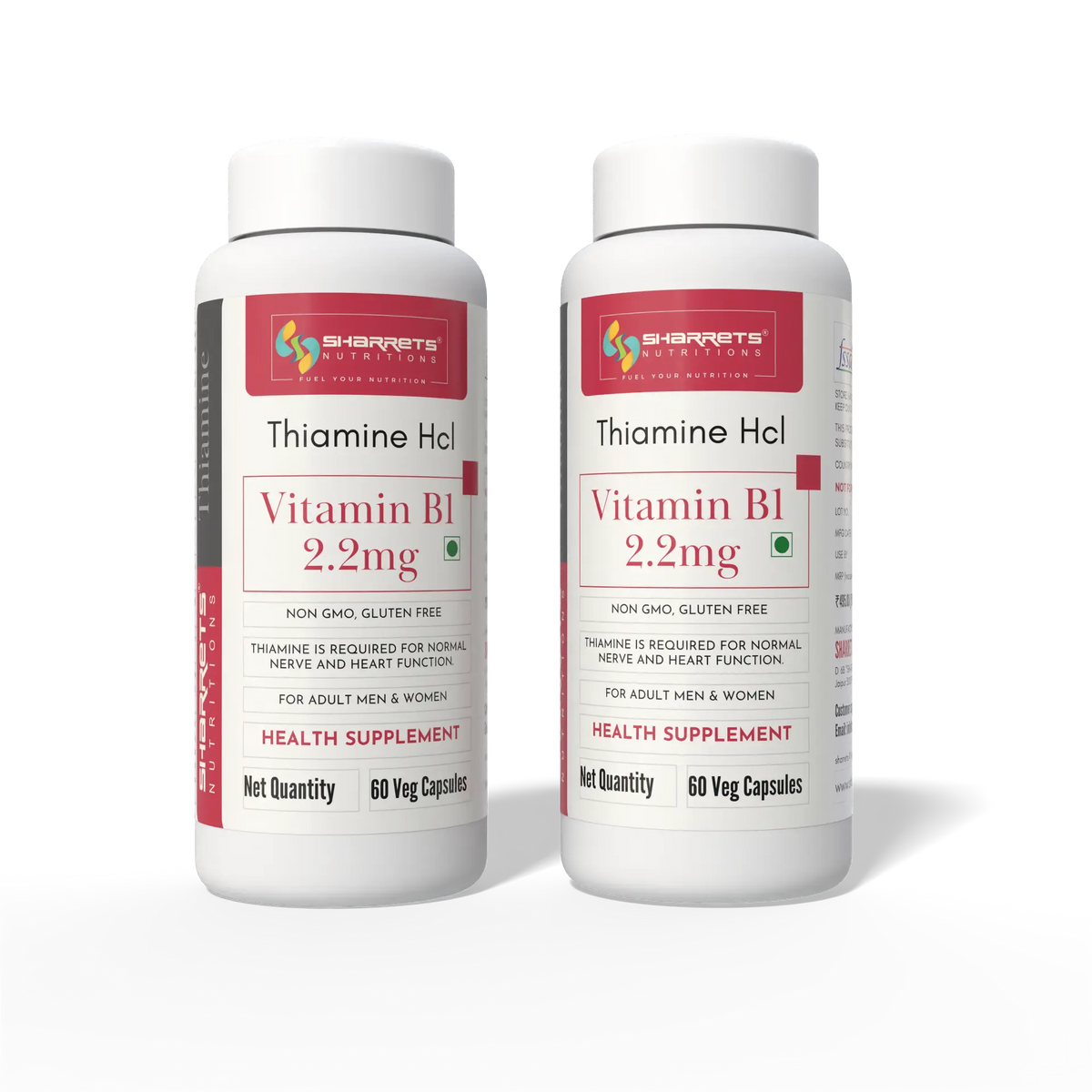 Two Sharrets Nutritions Thiamine HCl Vitamin B1 2.2 mg supplement bottles displayed side by side.