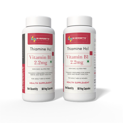 Two Sharrets Nutritions Thiamine HCl Vitamin B1 2.2 mg supplement bottles displayed side by side.