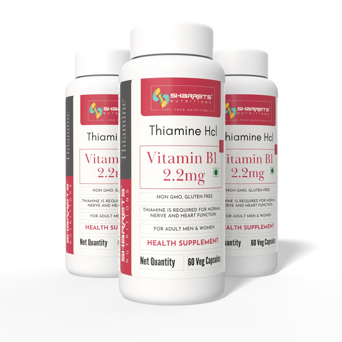 Three Sharrets Nutritions Thiamine HCl Vitamin B1 2.2 mg supplement bottles displayed together, with one bottle in front and two bottles behind.
