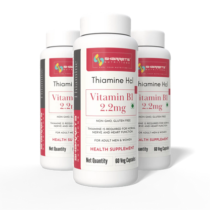 Three Sharrets Nutritions Thiamine HCl Vitamin B1 2.2 mg supplement bottles displayed together, with one bottle in front and two bottles behind.