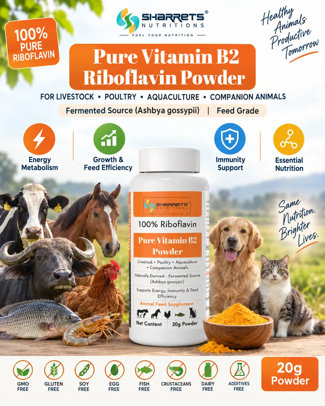A promotional product graphic for Sharrets Nutrition Pure Vitamin B2 Riboflavin Powder. The image features a white bottle of the powder in the center, surrounded by various animals (cows, chicken, dog, cat) and a bowl of yellow powder, set against a bright green outdoor background.
