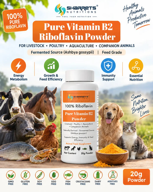 A promotional product graphic for Sharrets Nutrition Pure Vitamin B2 Riboflavin Powder. The image features a white bottle of the powder in the center, surrounded by various animals (cows, chicken, dog, cat) and a bowl of yellow powder, set against a bright green outdoor background.