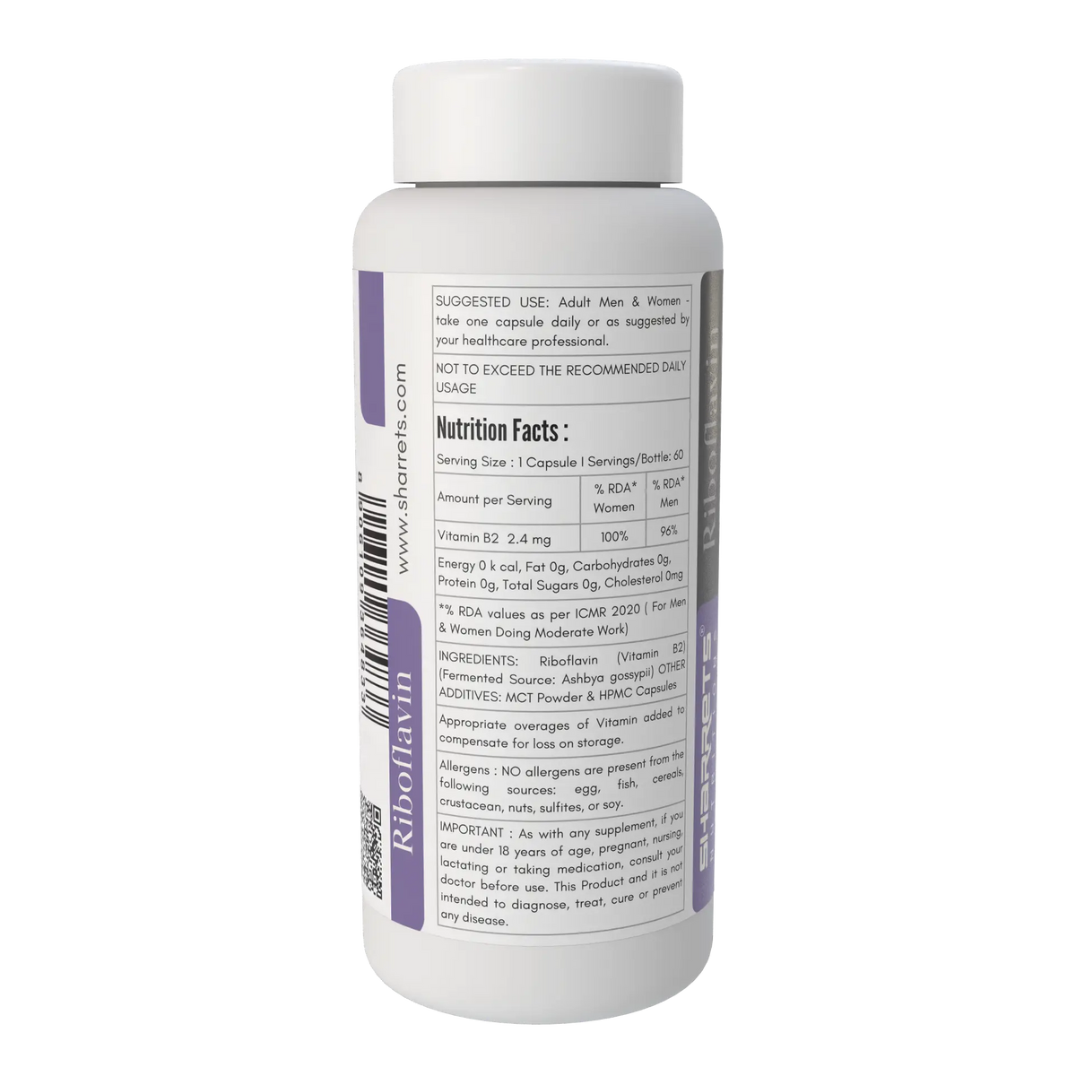Sharrets Nutritions Riboflavin Vitamin B2 2.4 mg supplement bottle showing nutrition facts, ingredients and suggested use.