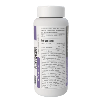 Sharrets Nutritions Riboflavin Vitamin B2 2.4 mg supplement bottle showing nutrition facts, ingredients and suggested use.