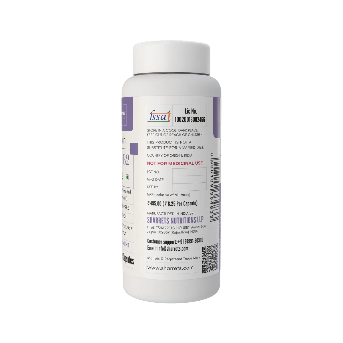 Sharrets Nutritions Riboflavin Vitamin B2 2.4 mg supplement bottle showing FSSAI licence, manufacturer details and product information.