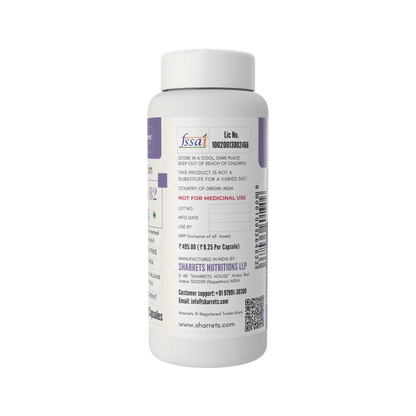 Sharrets Nutritions Riboflavin Vitamin B2 2.4 mg supplement bottle showing FSSAI licence, manufacturer details and product information.