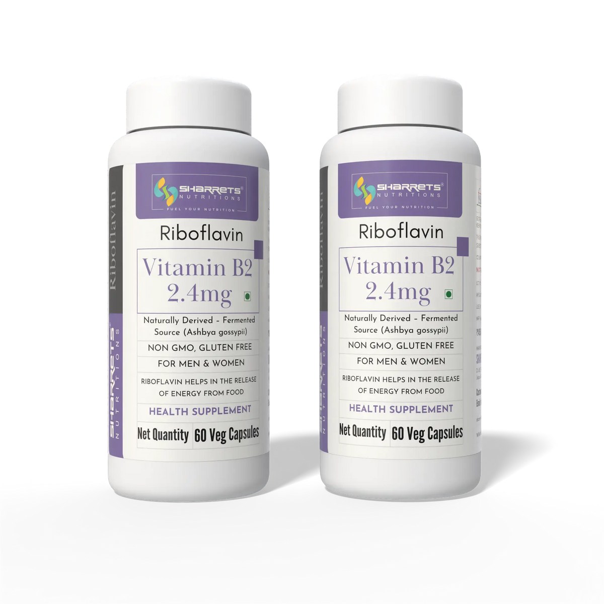 Two Sharrets Nutritions Riboflavin Vitamin B2 2.4 mg supplement bottles displayed side by side.