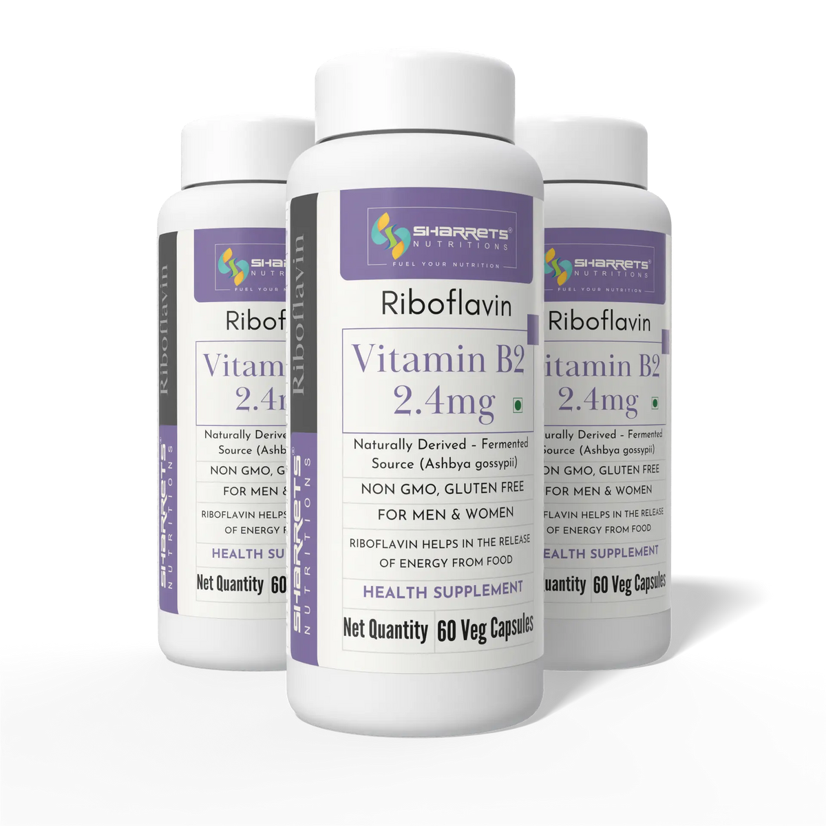 Three Sharrets Nutritions Riboflavin Vitamin B2 2.4 mg supplement bottles displayed together.