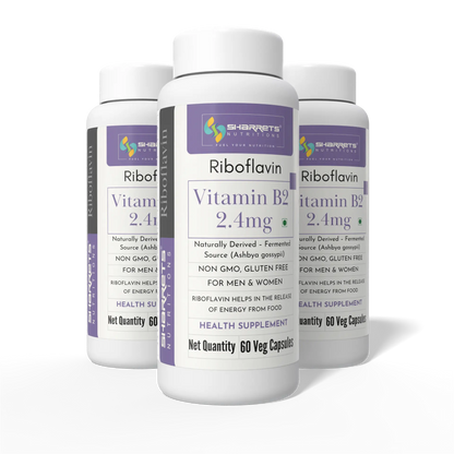 Three Sharrets Nutritions Riboflavin Vitamin B2 2.4 mg supplement bottles displayed together.