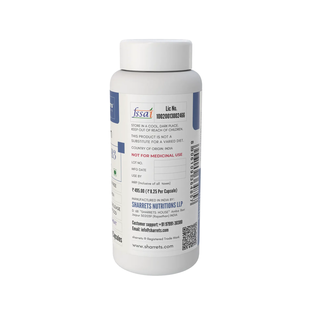 Sharrets Nutritions Niacin Vitamin B3 18 mg supplement bottle showing FSSAI licence, manufacturer details and product information.