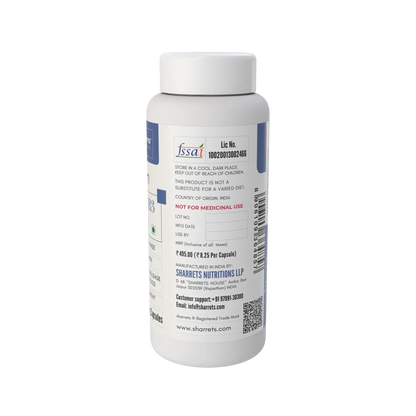 Sharrets Nutritions Niacin Vitamin B3 18 mg supplement bottle showing FSSAI licence, manufacturer details and product information.