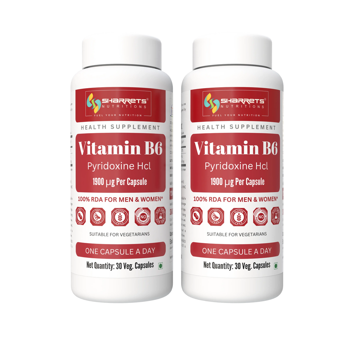 Two white bottles of Sharrets Nutritions Vitamin B6 Pyridoxine Hcl health supplement, side by side on a plain white background.
