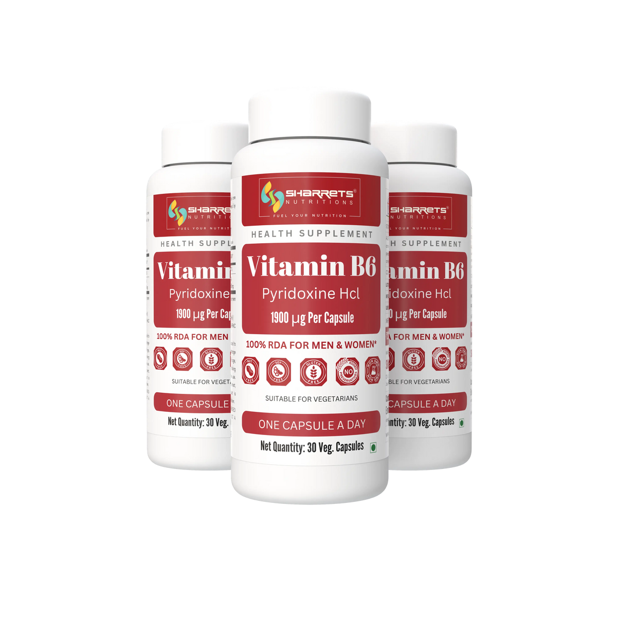 Three white bottles of Sharrets nutritions Health Supplement Vitamin B6 Pyridoxine Hcl arranged in a fan shape on a solid white background.